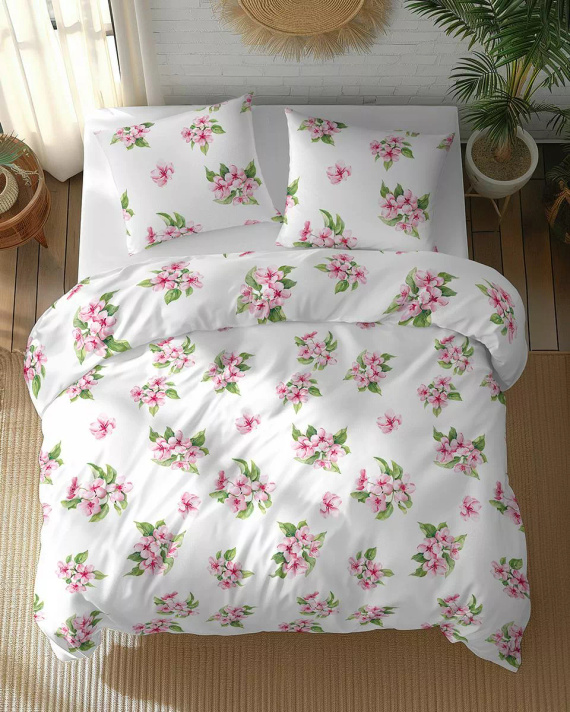 5766 A Cotton Bloom Detexpol ropa de cama blanca con flores rosas - 100% algodón, reversible, producción polaca