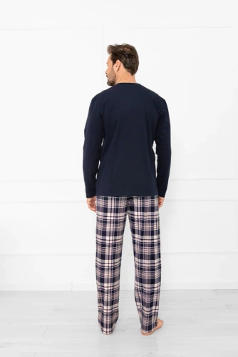 Pijama de hombre Sambor - algodón, top abotonado y pantalón a cuadros Moda Italiana - azul marino/estampado