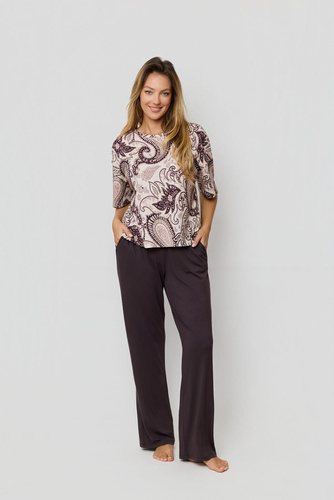 Pijama Iris PW72 Mefemi by Nipplex - camiseta de algodón marrón + pantalón largo estampado, cómodo pijama de mujer premium