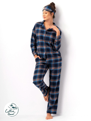 Pijama de mujer Key LNS 431 azul marino - franela de algodón, manga larga, botones