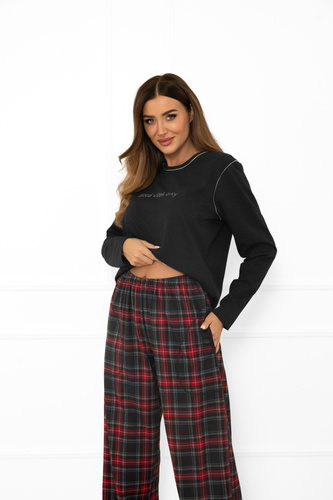 Italian Fashion pijama de mujer de algodón melange oscuro, manga larga y pantalón, a cuadros