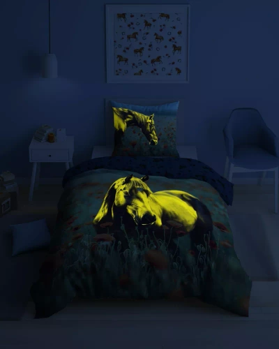 5550 A Fluo 95 Ropa de cama luminosa caballo oscuro en amapolas| 100% algodón | Para niños Detexpol
