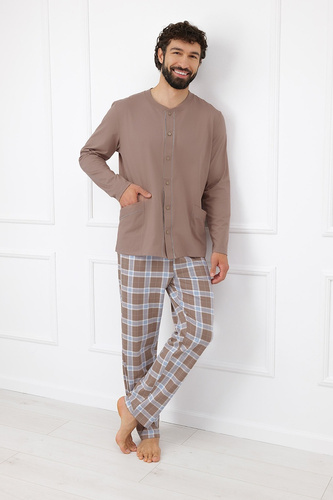 Italian Fashion Wilhelm Pijama para Hombre 100% Algodón Botones Cuadros - cappuccino