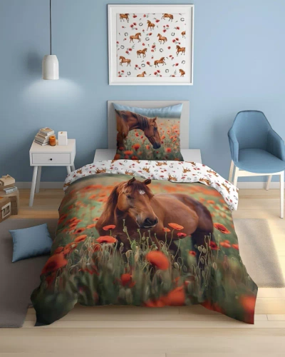 5550 A Fluo 95 Ropa de cama luminosa caballo oscuro en amapolas| 100% algodón | Para niños Detexpol