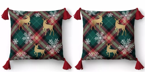 5381 Funda de cojín decorativa de Navidad Deco Detexpol renos y copos de nieve sobre fondo enrejado- cremallera