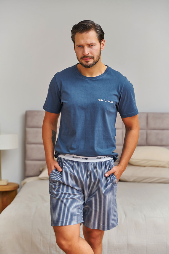 7424 Doctor Nap pijama masculina de algodón azul denim con pantalones cortos a rayas