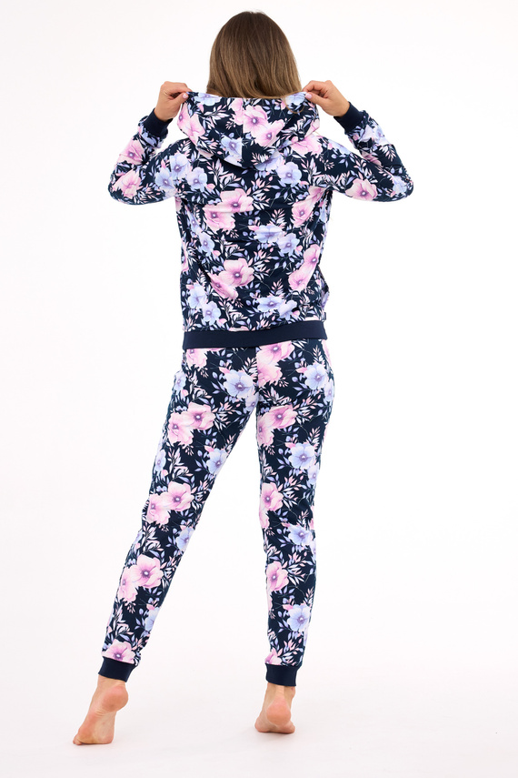 355/464 Pijama de mujer Maddie Cornette - Azul marino 3 piezas con blusa con flores y sudadera con capucha