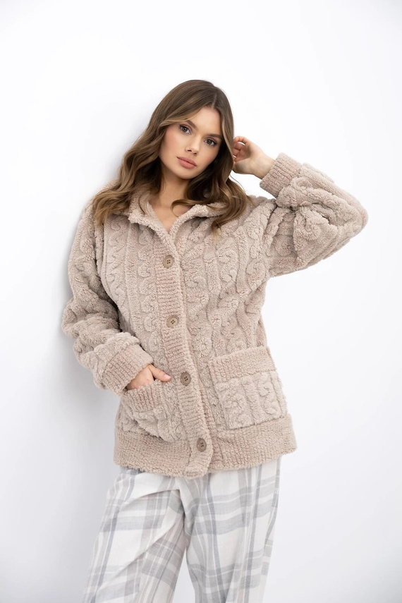 Sensis Ingrid blazer para mujer beige con botones, suave homewear con bolsillos