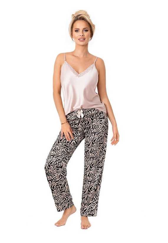 Sheila Pyjama Long Donna beige - pijama de tirantes de satén con pantalón largo para mujer
