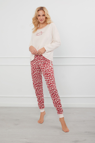 Evora Pijama señora manga larga, pantalón largo Moda Italiana - crudo/estampado