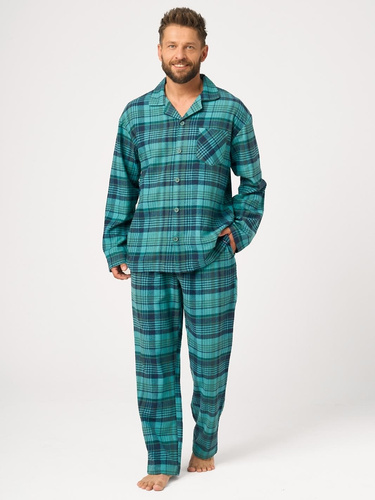 Pijama masculina Key MNS 048 verde de franela 100% algodón, larga con botones