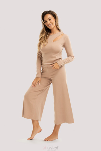 Pijama Zen beige - elegante pijama de algodón con mangas largas y pantalón de 7/8 de largo