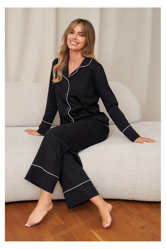 Pijama de mujer Doctor Nap 7527 Noir 100% algodón, larga con apertura frontal