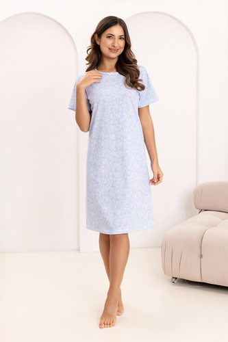 169 Camisón Regina azul - algodón, diseño floral, escote semicircular