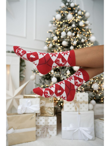 Milena 1283-044 Calcetines de mujer de algodón con rombos rojos, navideños