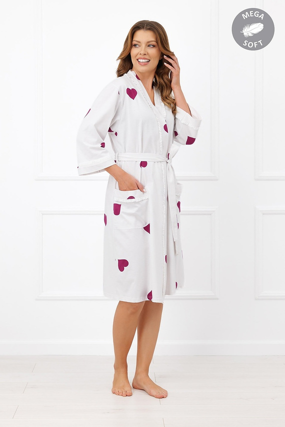 Italian Fashion Kioga Bata de mujer Mega Soft ecru con corazones manga 3/4