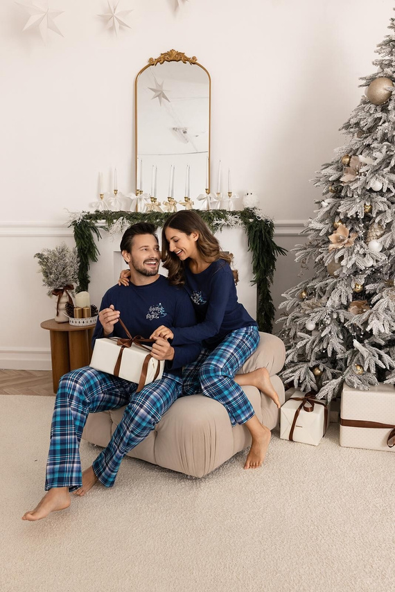 Pijama de hombre Regina 507 azul marino - algodón, largo, camisa estampada y pantalón a cuadros