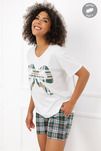 Pijama de mujer Italian Fashion Arwena de algodón, manga corta, pantalones cortos a cuadros ecru