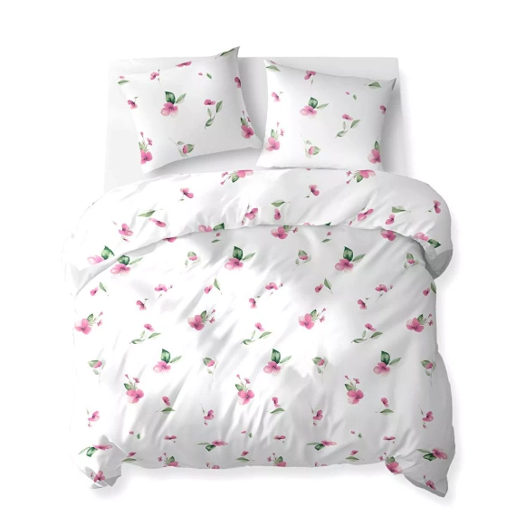 5769 A Detexpol Algodón Bloom Ropa de cama blanco con flores de color rosa con hojas verdes - 100% algodón, doble cara, pulido hecho