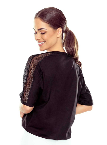 Elegante blusa de mujer Atila 3/4 Eldar negra| Inserciones de encaje, viscosa elástica, mangas al codo | Perfecta para cualquier ocasión
