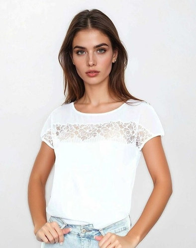 Elegante blusa de mujer Trisha Eldar blanca| Viscosa elástica + malla de tul y encaje floral | Para la oficina, la noche y ocasiones especiales