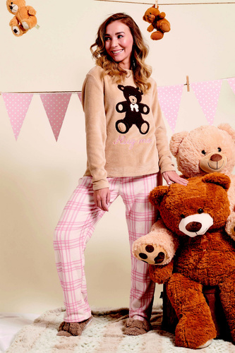 Madlen Pijama de mujer Sorbetto marrón - polar, con bordado de osito y pantalón a cuadros