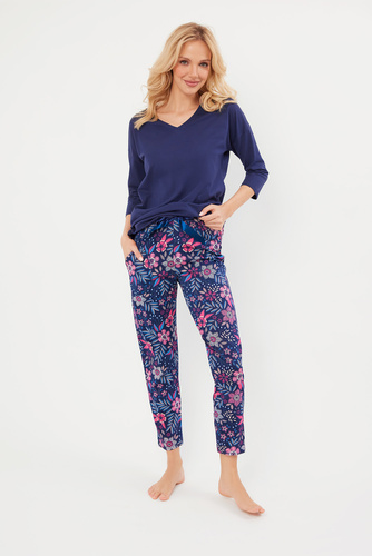Folk Pijama de señora manga 3/4, pantalón 7/8 Moda Italiana - azul marino/estampado