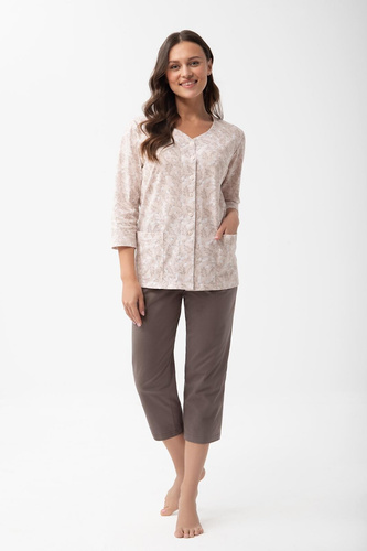 Pijama 1305 Luna de algodón para mujer, abotonada, 7/8 con bolsillos - beige