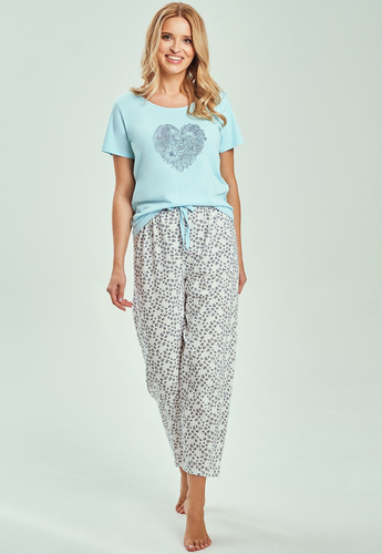 3513 Alessia Pijama de mujer turquesa - 100% algodón, camiseta de manga corta, pantalón 7/8