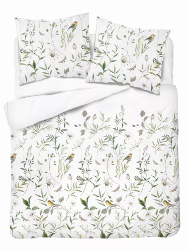 5500 A Ropa de cama de algodón blanco con ramas verdes y pájaro Naturalis- Detexpol