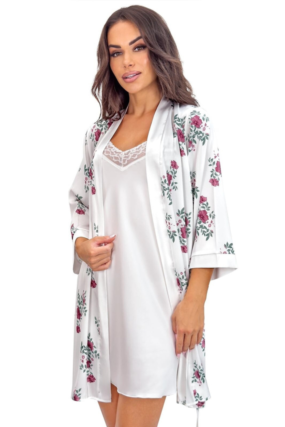Bata corta Julia ecru donna – satén, estampado floral, cinturilla ajustable