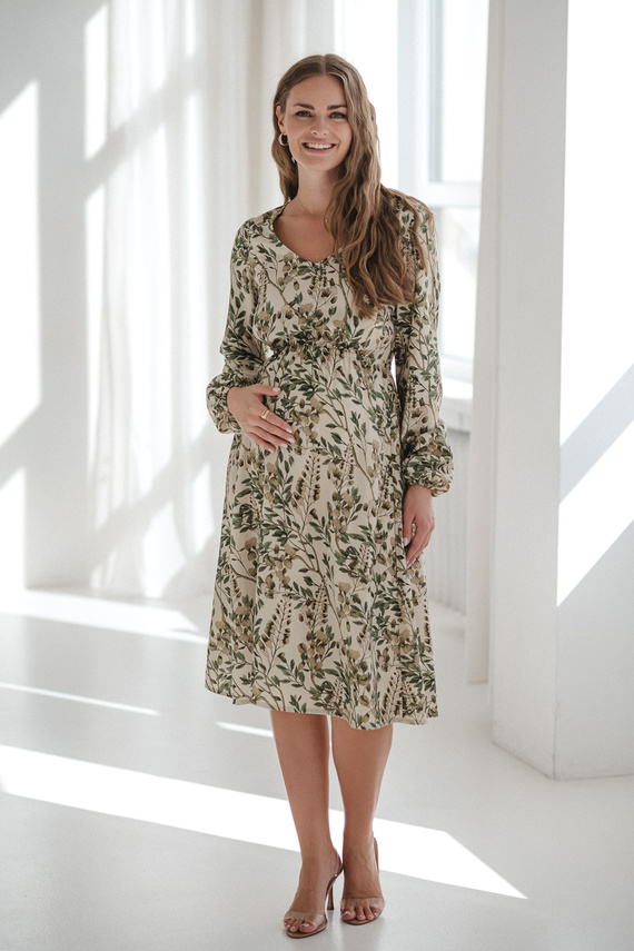 Lovely Dress Midi Milk&Love en flores verdes - vestido de maternidad y lactancia en lino, corte elegante con cremalleras de lactancia