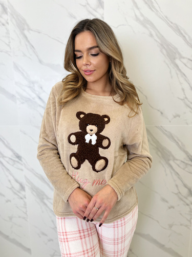 Madlen Pijama de mujer Sorbetto marrón - polar, con bordado de osito y pantalón a cuadros