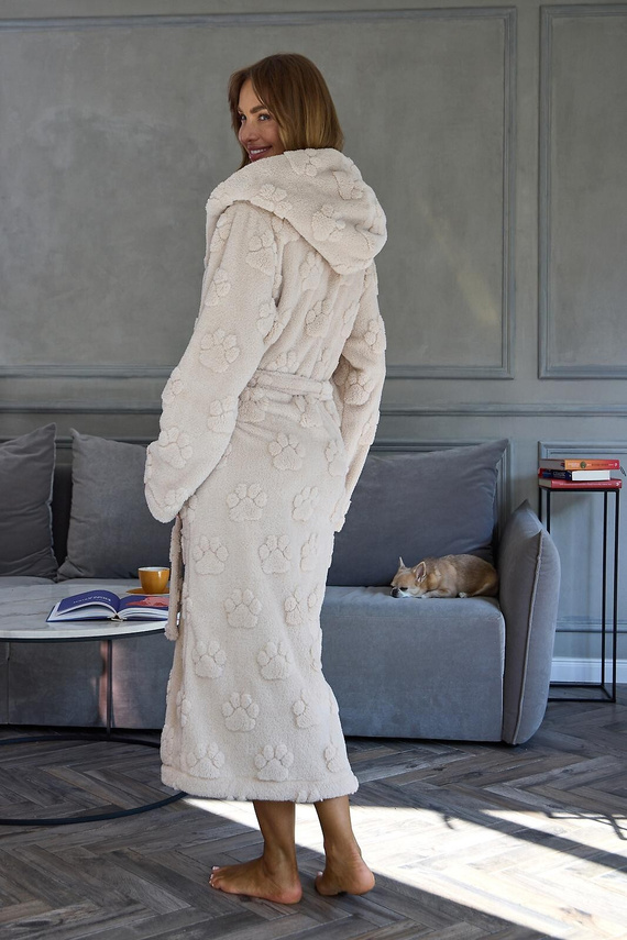 L&L Fibi 2635 Bata larga de mujer con capucha, suave, estampado de huellas de perro - angora