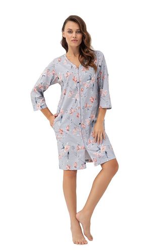 Luna 392 Bata de mujer de algodón 100% algodón Flores Cremallera Bolsillos gris flores
