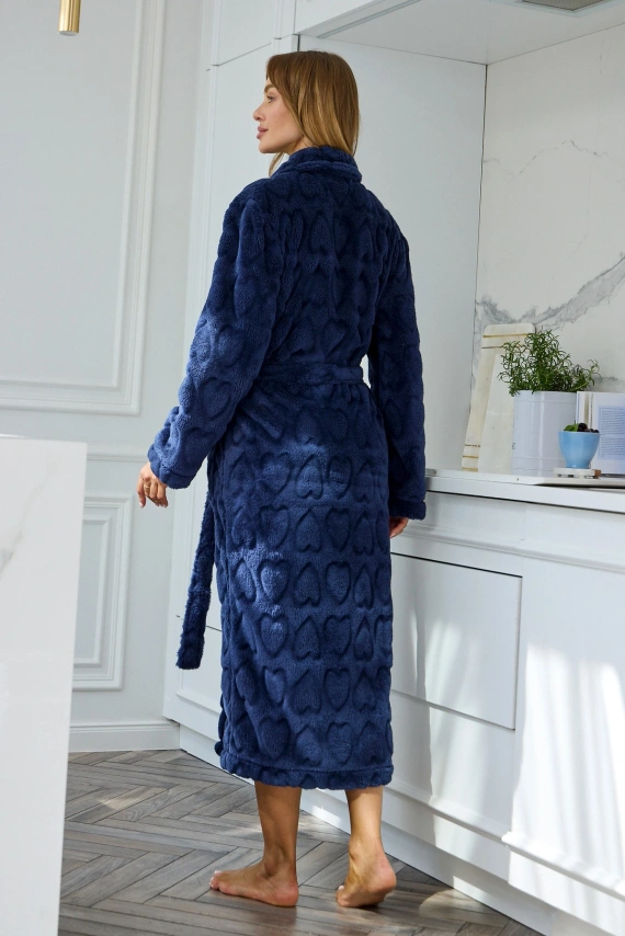 Albornoz largo de mujer L&L Nella 2645 suave con cuello chal y bolsillos - navy