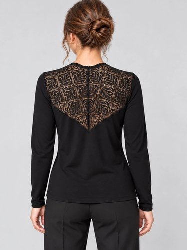 Blusa de mujer Eldar Esmeralda negra de encaje con escote en V y manga larga de viscosa