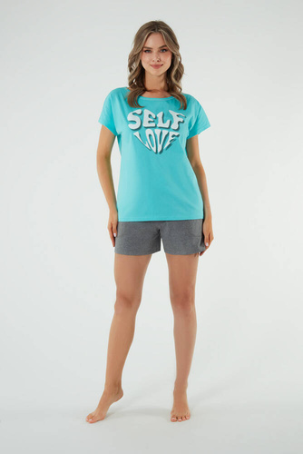Selfie Pijama de manga corta para mujer, pantalón corto Moda Italiana - turquesa/melange
