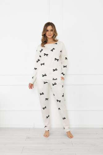 Pijama de señora Figaro - crudo, algodón, manga larga + pantalón largo Moda Italiana