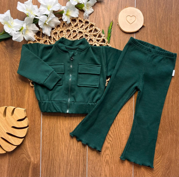 Mamatti DR819 Chándal verde para niña con bomber con cremallera y leggings acampanados de canalé