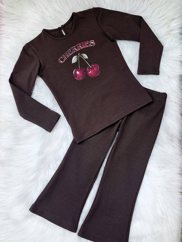 Blusa niña Cerezas Bambarillo algodón chocolate oscuro, manga larga, estampada