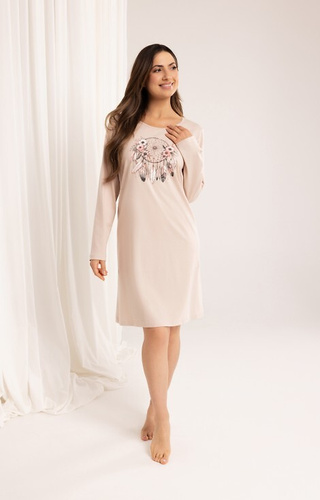 162 Camisón de algodón Regina beige - manga larga, estampado, por debajo de la rodilla