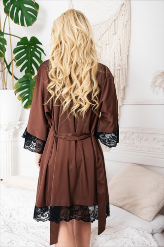 Sumi Kalimo - bata de mujer de satén con encaje, elegante bata marrón con cinturón