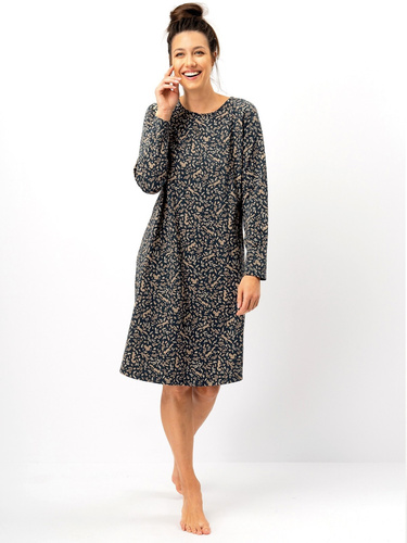 Camisón de señora Key LND 707 azul marino - algodón, manga larga, corte cómodo