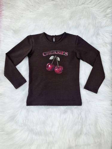 Blusa niña Cerezas Bambarillo algodón chocolate oscuro, manga larga, estampada