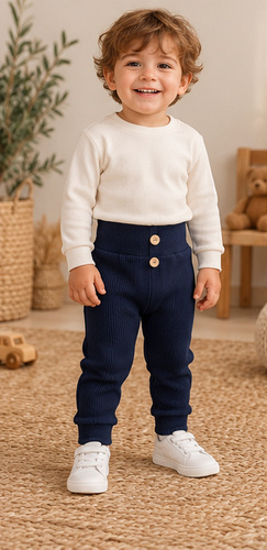 Leggings para niño LC005 azul marino de algodón acanalados con botones de madera