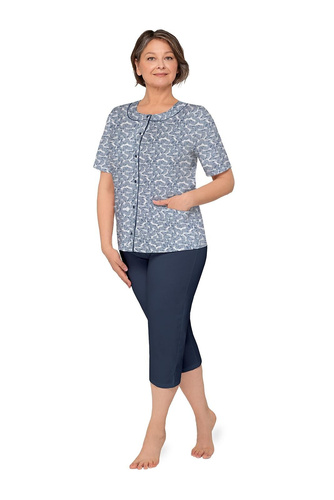 Pijama de mujer Martel Maria I 200 abotonada 100% algodón manga corta azul marino hojas 41