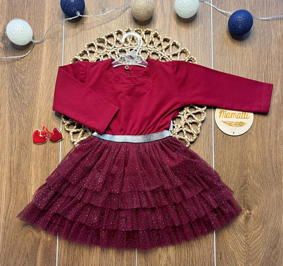 Vestido infantil Mamatti SK820 de algodón con tul y goma brillante en la cintura color burdeos