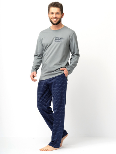 Pijama de hombre Key MNS 612 verde y azul marino - algodón, manga larga, corte clásico