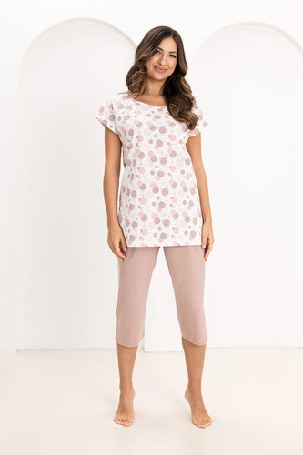 Pijama de Algodón para Mujer Regina 730 beige- Camisa con Cuello y Círculos, Manga Corta, Pantalón 3/4, 100% Algodón, Confort de Verano